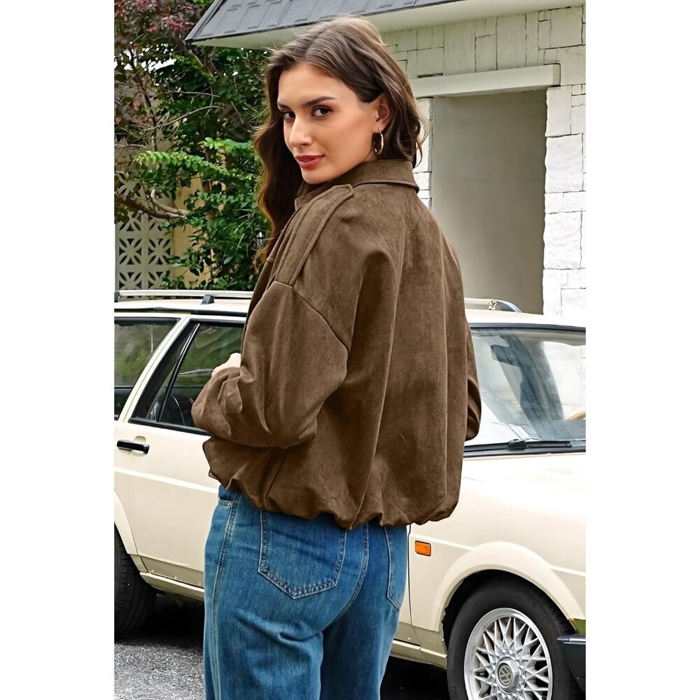 Women's Brown Faux Suede Jackets Fall Fashion Outfits Coat Winter Clothes Jacket - Picture 4 of 6